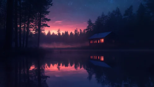 Cabin with illuminated windows reflects on still lakeside water