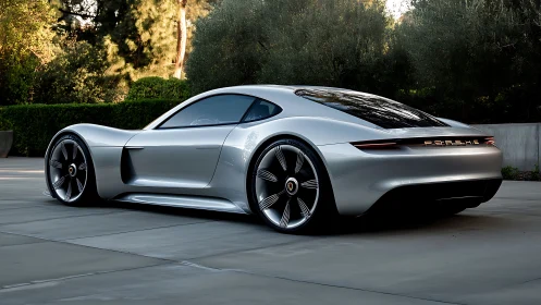 Sleek silver sports car rests in a tranquil modern driveway