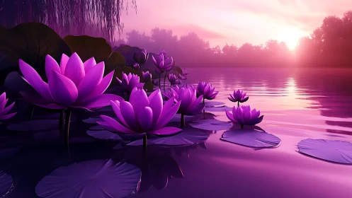Purple water lilies on reflective lake at misty sunset.