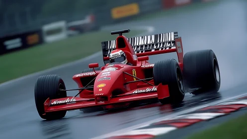 Red Formula 1 car cornering on wet circuit with spray trail