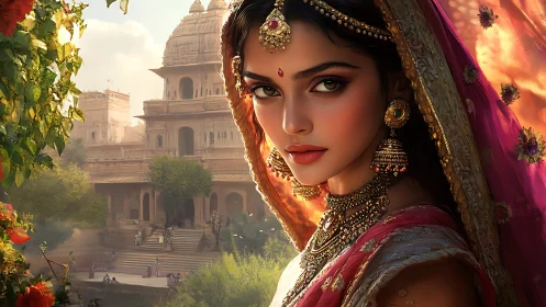 Digital portrait of jeweled bride with temple architecture backdrop.