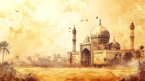 Desert mosque structure stands within atmospheric landscape