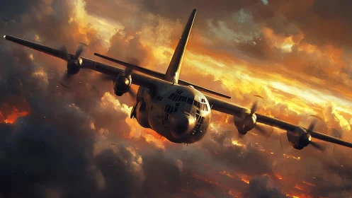 Military transport plane cuts through blazing storm clouds