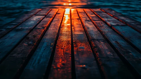 Low-angle sunset reflection across wet wooden pier planks