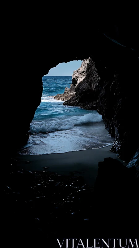 Coastal sea cave opening with ocean view and shoreline.