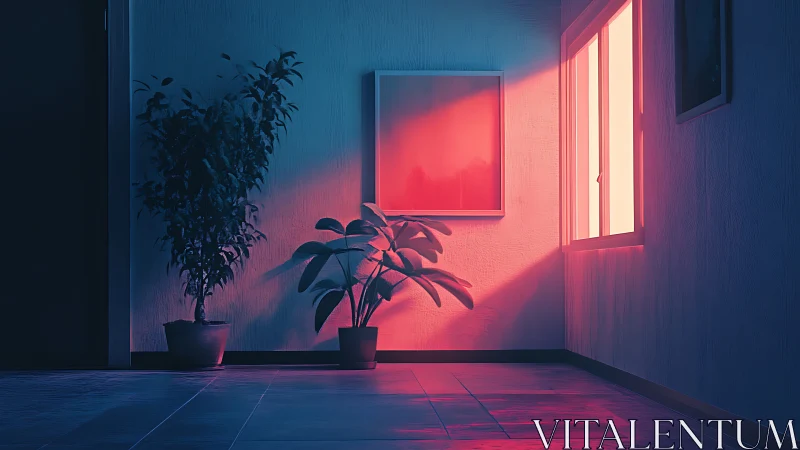 Interior corner shows potted plants in strong colored light