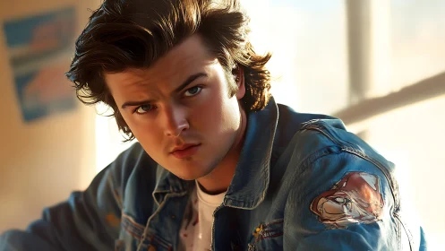 Soft-lit stylized portrait shows young man in denim jacket