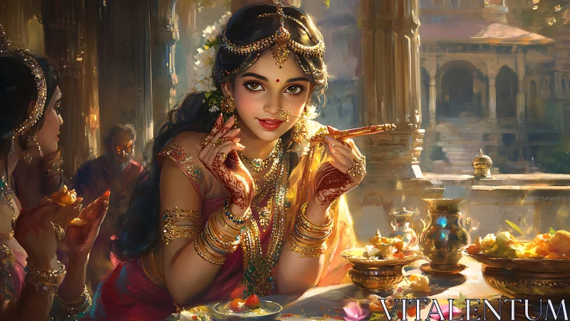 Regal woman in ornate attire at illuminated palace feast.