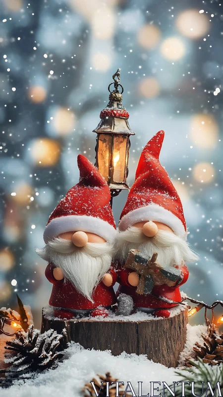 Snowy Christmas gnomes stand beneath glowing lantern light.