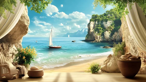 Secluded cove terrace overlooks turquoise sailing bay.