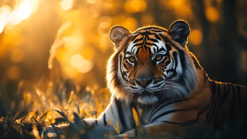 Backlit tiger portrait under warm bokeh with shallow depth of field