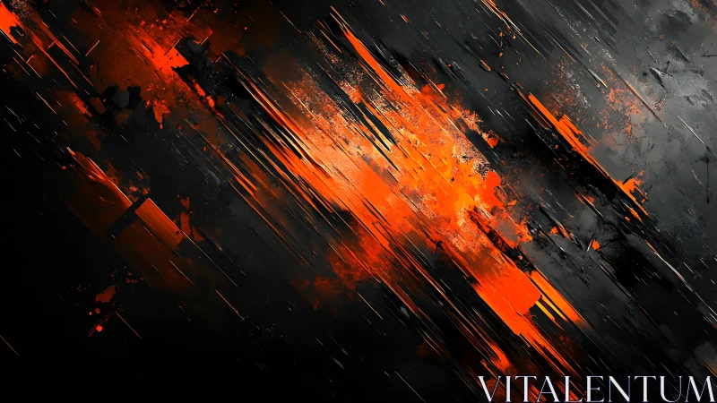Diagonal streaks of molten orange ignite a dark abstract field