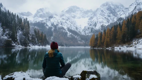 Solitary hiker contemplates a tranquil snowy mountain lake.