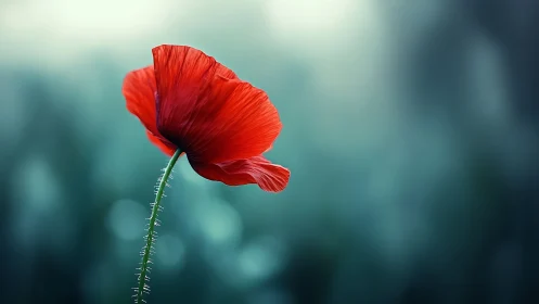 Red poppy in sharp focus against soft teal bokeh.
