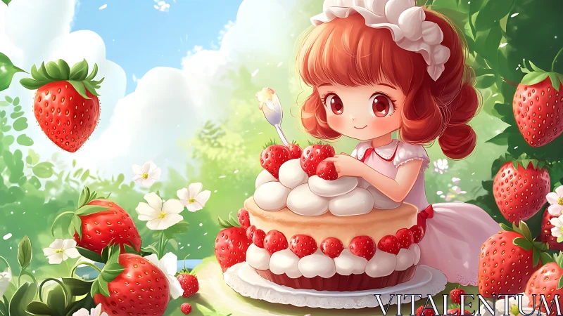 Character holding strawberry cake in garden setting