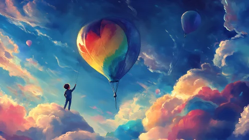 Child on clouds guiding rainbow heart hot air balloon.