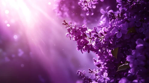 Luminous purple lilac blossoms bathed in mystical light.