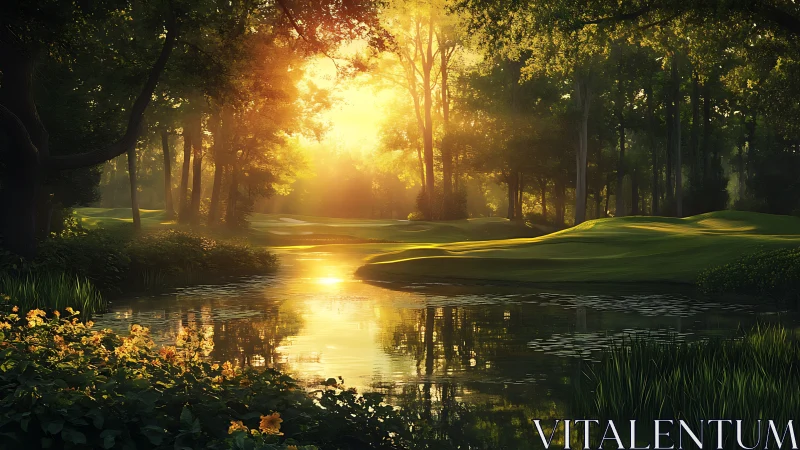 Golden Sunrise Over a Serene Forest Stream and Meadow