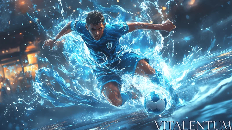 Soccer player charges through water with dynamic blue energy