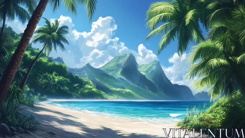 Tropical Volcanic Coastline with Leeward Beach Formation and Palms