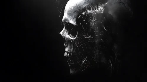 Digital skull profile dissolving into abstract black void.