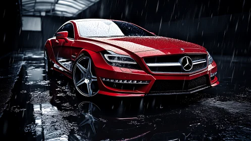 Red Mercedes coupe in rain with reflective wet pavement.