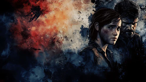 Two figures in textured digital portrait against abstract field.