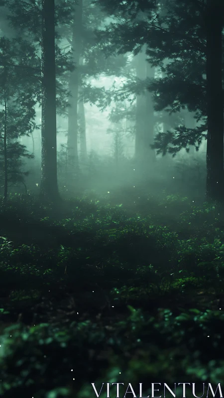 Misty Forest Landscape with Tall Conifers and Ambient Lighting