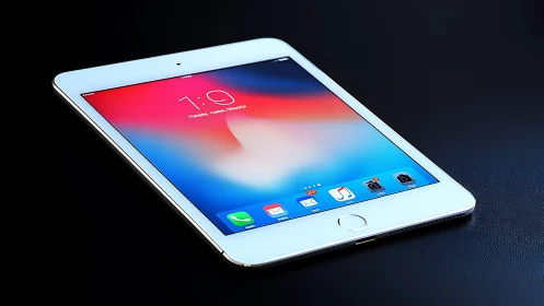 White smartphone displayed on dark surface showing colorful gradient interface.