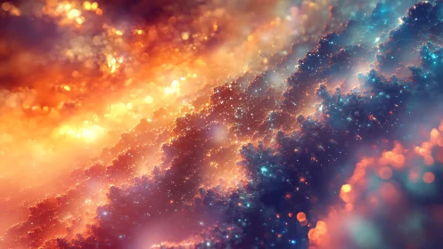 Cosmic nebula clouds shimmer with fiery starlit waves.