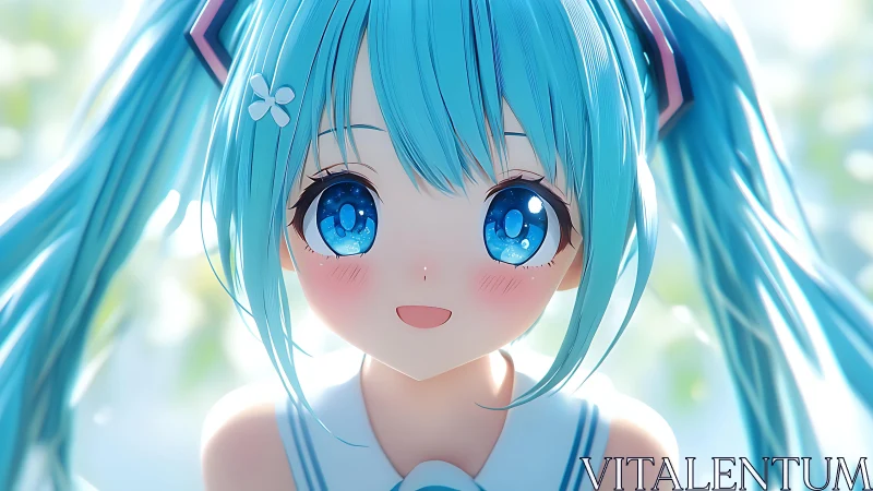 Bright eyed blue haired anime girl smiles in gentle sunlight
