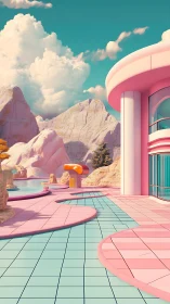 Dreamy pastel resort path by turquoise mountain lagoon.