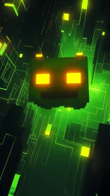 Glowing voxel sprite drifts through a neon green data canyon
