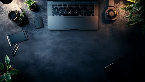 Calm midnight workspace with laptop, gadgets, and greenery.