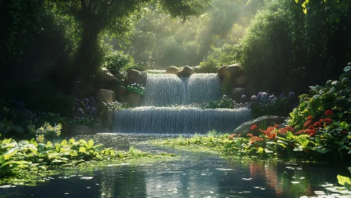 Layered garden waterfall with volumetric light and dense foliage