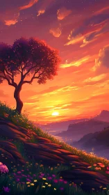Solitary hillside tree leans into a river of molten sunset
