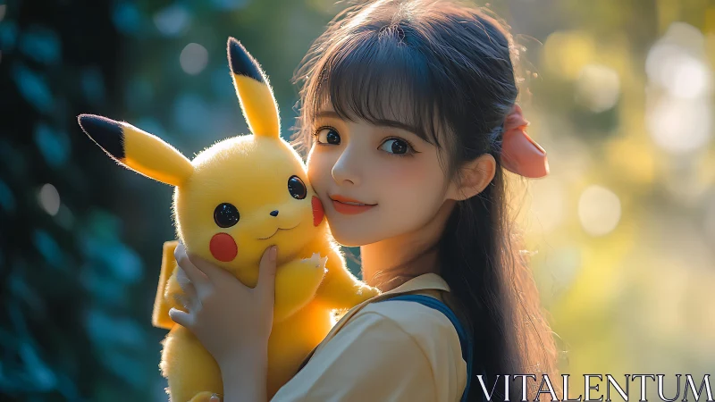 Anime girl with plush electric creature in sunlit bokeh grove.