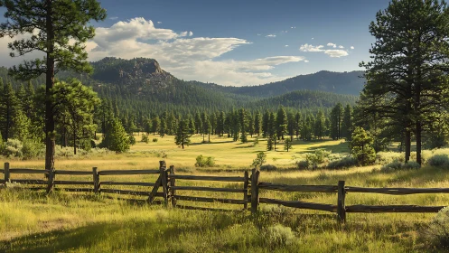 Pine meadow valley framed by rustic wooden fence at sunset.