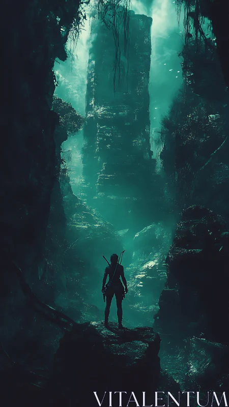 Silhouetted figure stands in misted canyon facing tall monolith