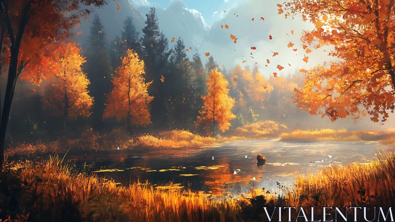 Autumn symphony over a golden forest lake in drifting light.