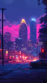 Neon city evening glowing with dreamy pink and blue light.