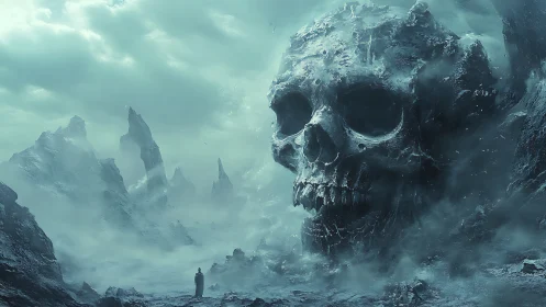 Colossal stone skull formation within icy foggy canyon.