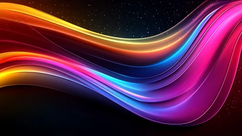 Curved multicolor light bands over star-patterned backdrop.