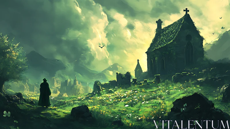 Cloaked wanderer near mossy chapel in misty valley twilight.