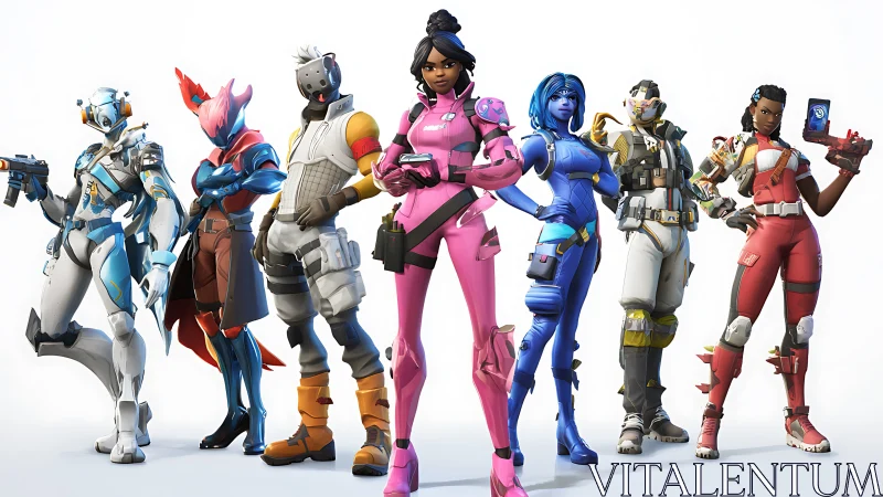 Color-charged squad of futuristic heroes ready for battle.