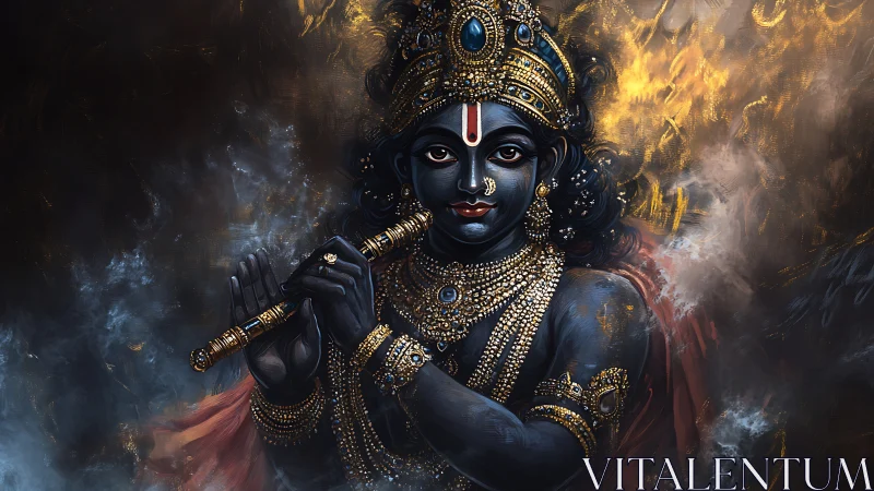 Divine blue deity plays golden flute amid swirling light.