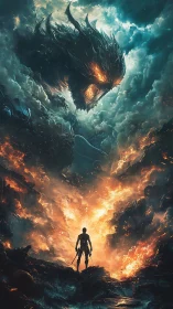 Warrior faces colossal fiery storm demon in apocalyptic sky