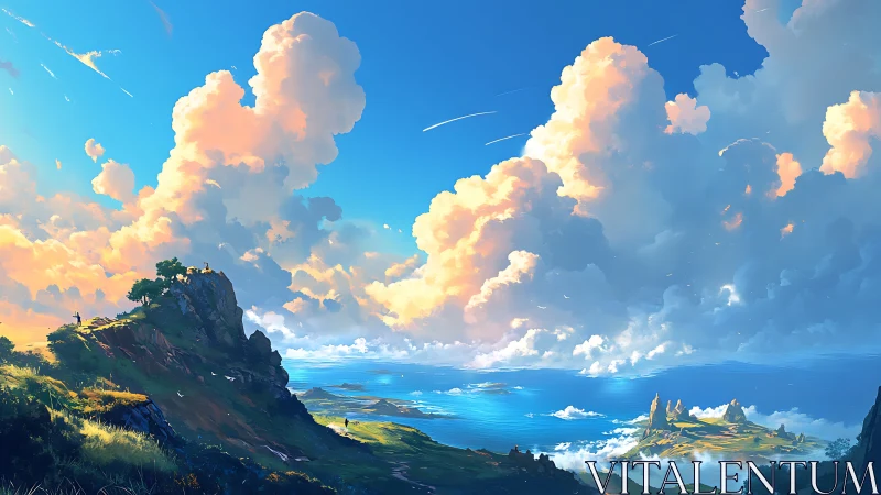 Expansive coastal vista with towering cumulus clouds at sunset