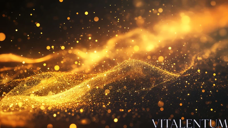 Abstract golden glitter waves in motion, glowing particles, digital art.