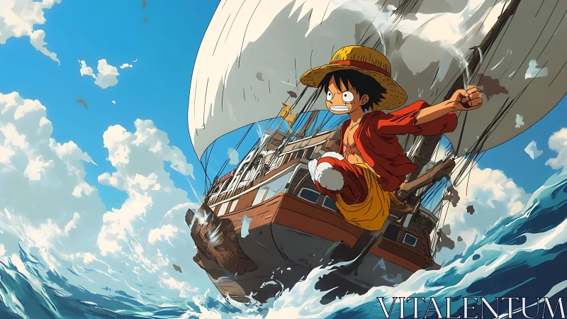 Straw-hatted hero leaping from sailing ship over vivid sea.